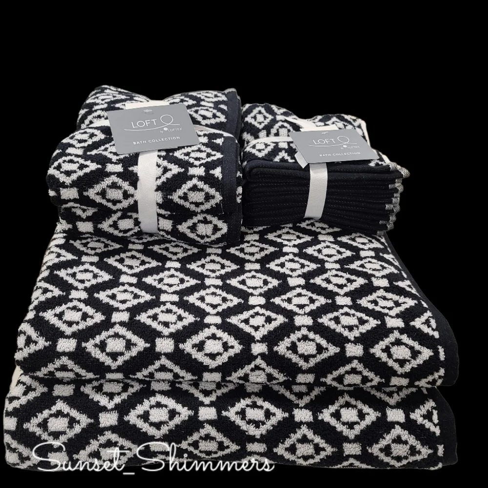 8pc Loft Bath Hand Washcloth Black & White Diamond Aztec Tile Towel Set New